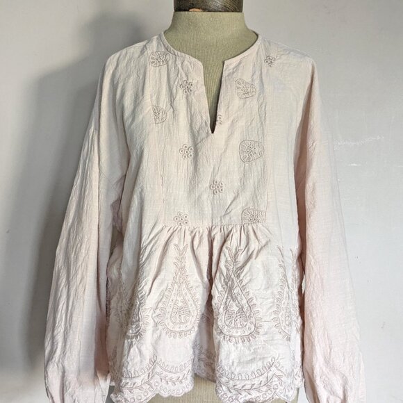Liv Los Angeles 100% cotton beige Embroidered Boho Babydoll aline Top XL - Picture 1 of 5